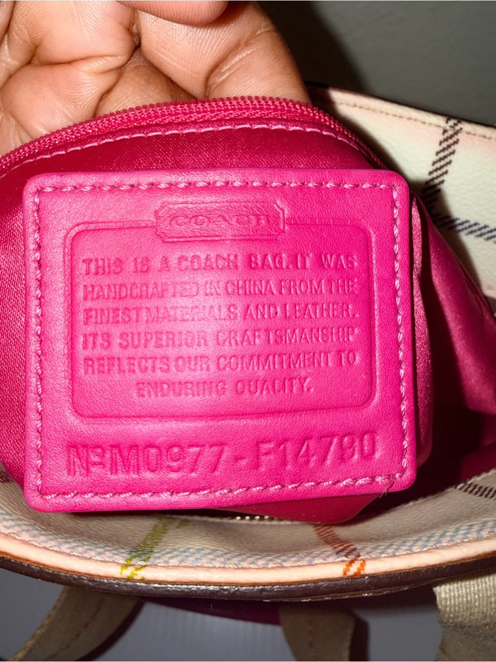 Coach White Plaid Canvas Tote with Pink Center Stripe